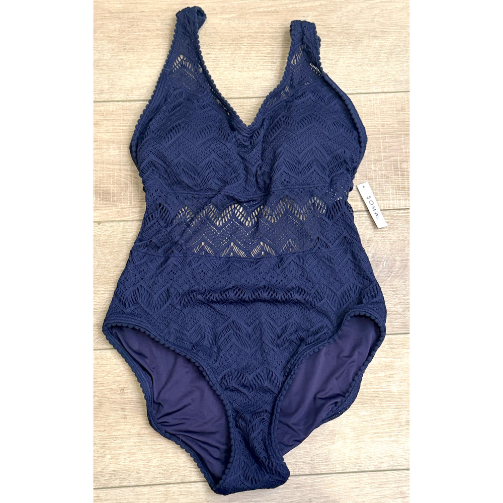 NWT SOMA NIGHTFALL NAVY BLUE CROCHET ONE PIECE SWIMSUIT SZ 14 - Picture 3 of 7